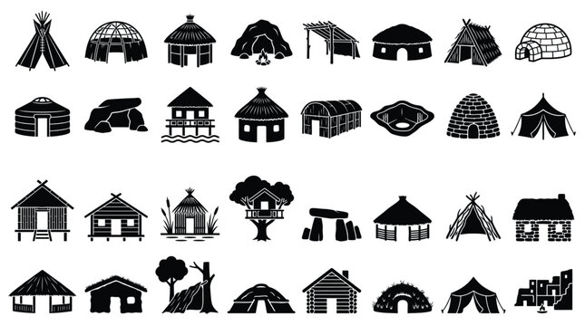 Comprehensive set of black silhouette icons depicting various global primitive and traditional dwellings including tepees, igloos, yurts, mud huts, log cabins, and cave shelters.