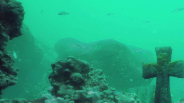 A cross stands among coral formations underwater as fish swim nearby. This scene takes place in a marine area filled with various sea life and coral structures.