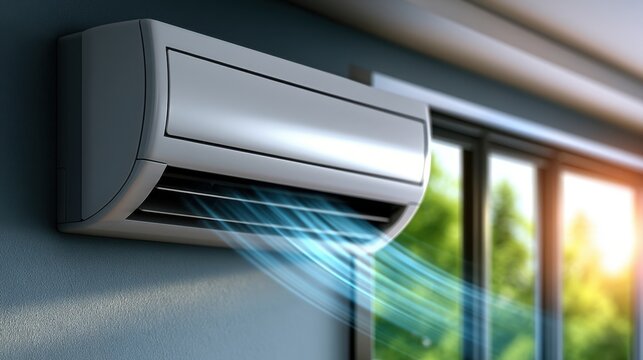 Modern air conditioning unit mounted on a wall, with cool air blowing, enhancing indoor comfort in a bright and contemporary living space