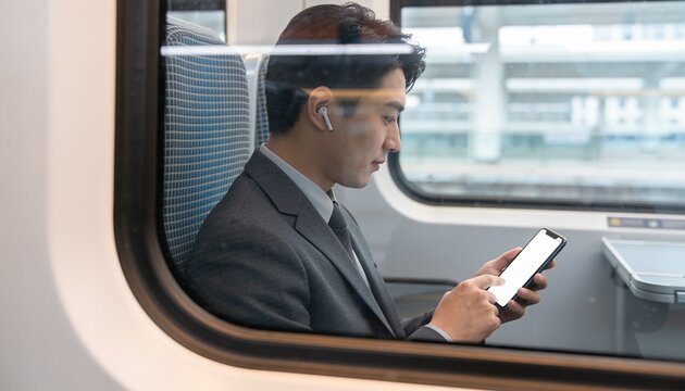 Young Asian businessman in a suit using a smartphone and wearing wireless earbuds while sitting on a train, professional commuting and mobile technology for business travel