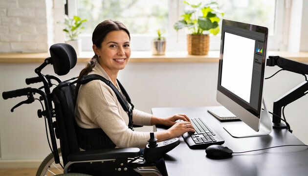 Smiling young woman in a wheelchair working at a computer in a bright office, professional career and accessibility for people with disabilities in a modern workplace