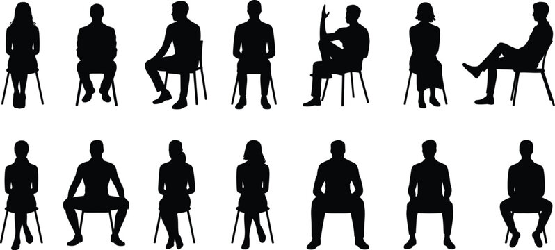 Set of black silhouettes of people sitting on chairs in various poses including men and women in different positions isolated on a white background
