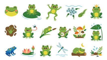 Obraz premium Cute Cartoon Flat Frogs Vector Illustration Set with Pond Life, Tadpoles, and Nature Elements