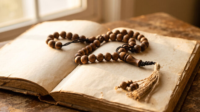 Wooden prayer beads on open pages of Islamic scripture