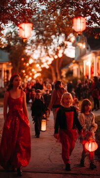 Children and family walking in a traditional lantern festival parade at night.