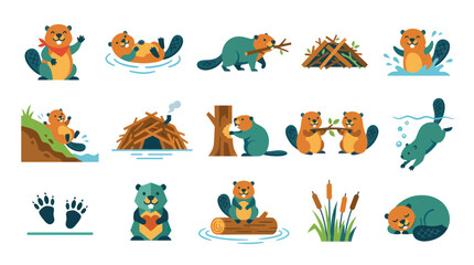 Obraz premium Cute Beaver Animal Icons - Flat Design Vector Illustrations