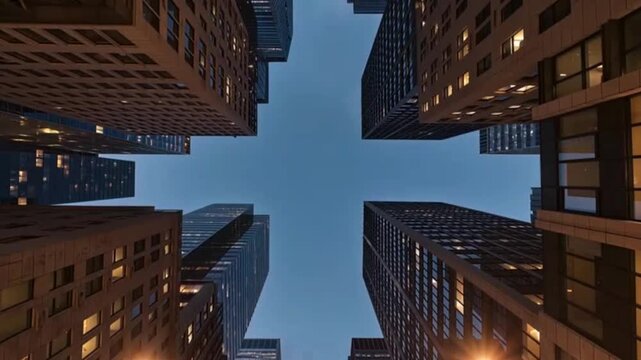 Low Angle Skyscraper Time Lapse, Corporate Finance District Evening