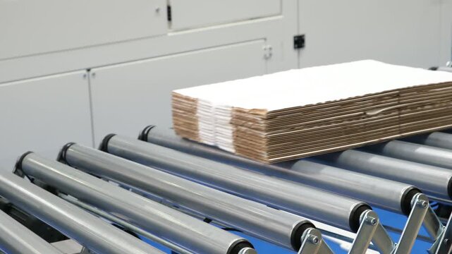 Cardboard boxes move along conveyor belt. Metal rollers transport stacked boxes steadily. White boxes pile on  conveyor surface. Blue floor tiles surround machinery