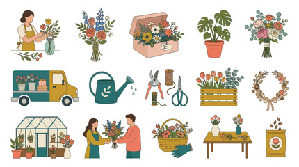 Fototapeta premium Flat Illustration of Florist Arranging Flowers in a Greenhouse, Delivery Truck, and Wreath