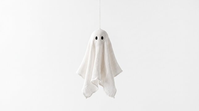 Hanging ghost decoration made from white fabric with black eyes  