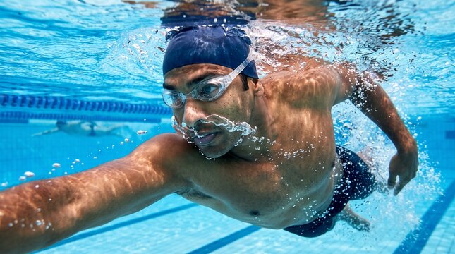 Underwater view of a determined man swimming freestyle in a bright blue pool with goggles and cap