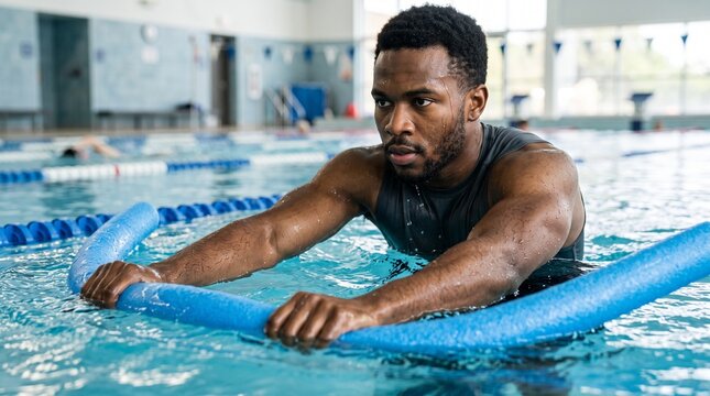 Man exercising with pool noodle in indoor swimming pool during water aerobics class