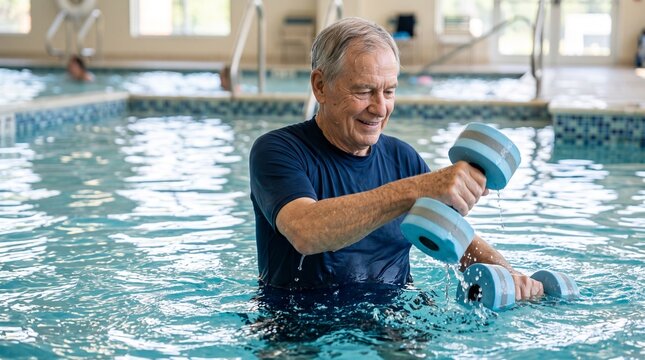 Smiling senior man exercising with aqua dumbbells in a swimming pool for physical therapy and fitness