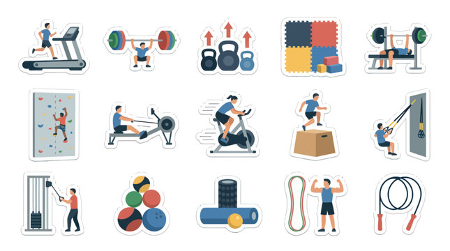 Flat Vector Fitness  Gym Workout Equipment and Exercising People Sticker Set