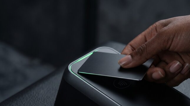 Close Up of Hand Tapping Black Contactless Payment Card on Terminal Reader