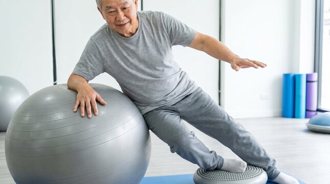 Elderly Asian man practicing balance exercises with a large stability ball and a Bosu ball in a bright gym setting