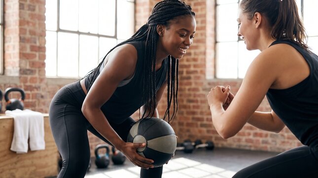 Two women exercising together in a gym holding a medicine ball and squatting