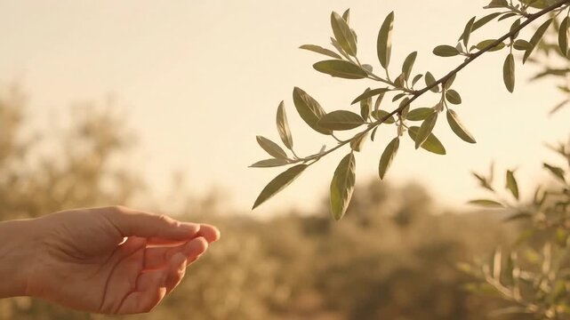 Hand Touching Olive Tree Leaf at Sunset Outdoors