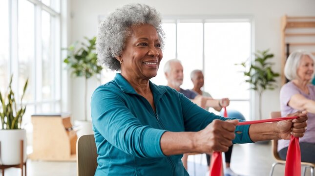 Diverse group of seniors exercising with resistance bands in a bright fitness class