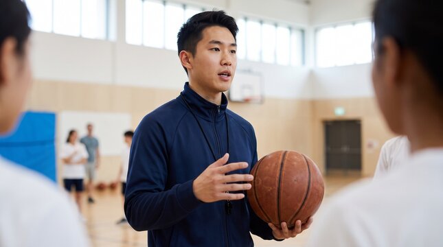 Asian male basketball coach instructing young players in a gymnasium holding a basketball