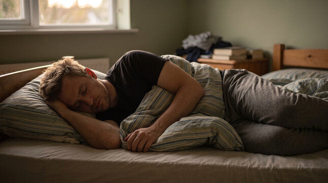 Man sleeping curled up in bed hugging pillow