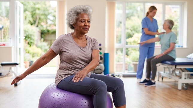 Senior African American Woman Exercising on Stability Ball with Physical Therapist Assisting Another Patient in Background