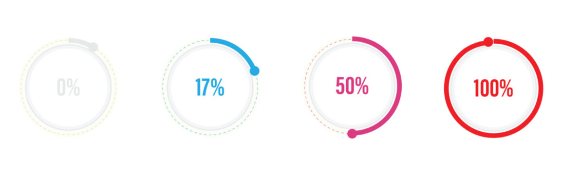 Modern circular percentage progress pie chart infographic set. with 0%, 17%, 50% and 100% data visualization elements, for Business, Statistics, Reports and presentation design. Vector Illustration.