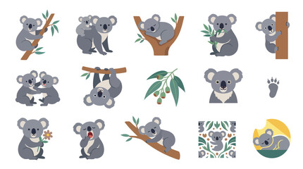Obraz premium Cute Flat Cartoon Koalas and Eucalyptus Leaves Vector Set. Australian Wildlife Animal Characters Collection