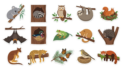 Fototapeta premium Set of Cute Flat Vector Sticker Illustrations with Wild Animals Resting and Sleeping in Nature Habitat