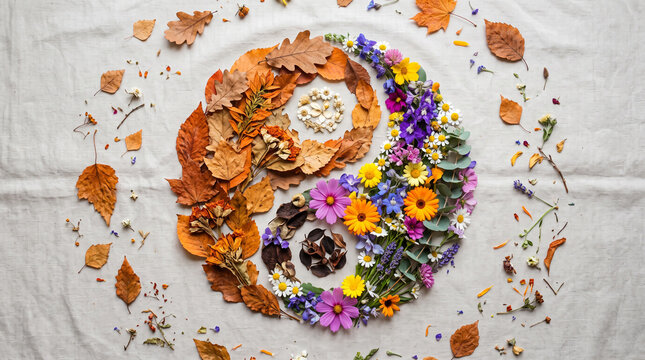 Yin yang symbol created with autumn leaves and colorful flowers on fabric.