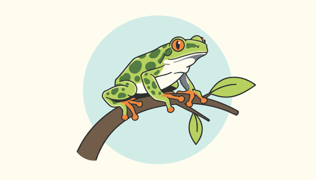 Colorful green red-eyed tree frog perched comfortably on a rustic branch with green leaves against a soft blue circular backdrop.