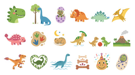 Obraz premium Cute Cartoon Dinosaurs and Prehistoric Elements, Flat Vector Art