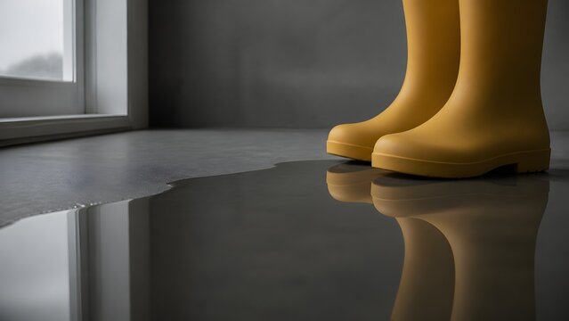 Yellow Rain Boots Standing in Water Puddle near Window with Reflection
