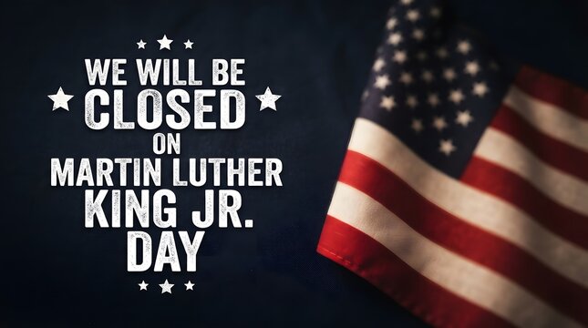 We will be closed on martin luther king jr day with american flag background