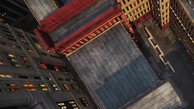 People can see a unique perspective of rooftops in a busy city area. The image captures the details of the buildings and their arrangement from above.