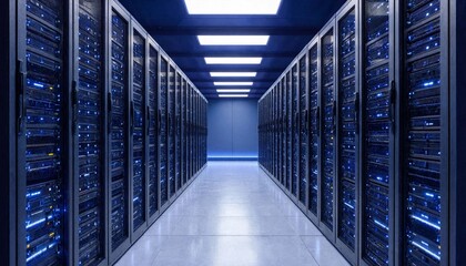 Long modern data center corridor full of towering server racks glowing with active blue lights representing digital information and cloud technology infrastructure © Shamima