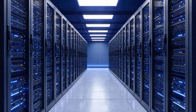 Long modern data center corridor full of towering server racks glowing with active blue lights representing digital information and cloud technology infrastructure