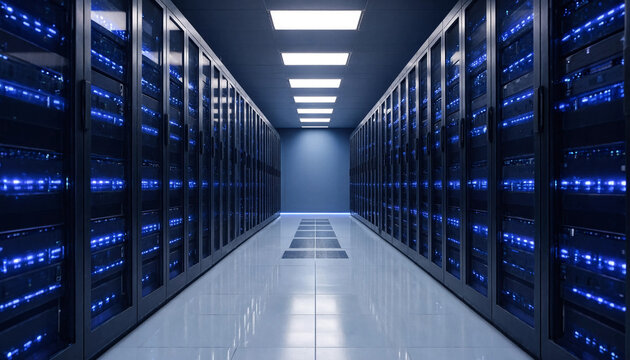 Modern hightech data center corridor with numerous glowing blue server racks creating an impressive technological infrastructure environment