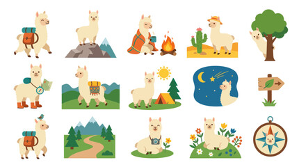 Fototapeta premium Cute Flat Cartoon Llamas Set for Outdoor Adventure, Travel, Hiking, and Camping Nature Illustration