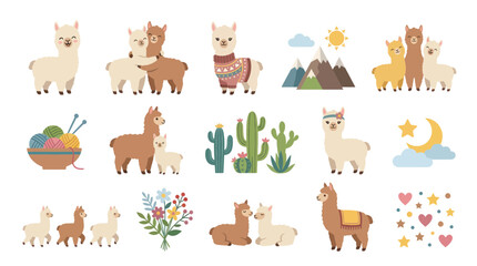 Fototapeta premium Cute Alpaca Vector Illustrations - Fluffy Llama and Baby Animals for Kids