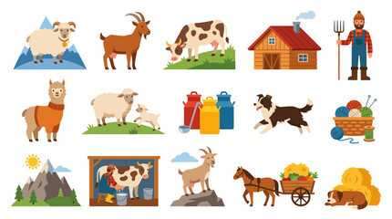 Fototapeta premium Flat Cartoon Agriculture and Farm Life Vector Set: Animals, Farmer, House, Milk, Wool, Hay, Mountains