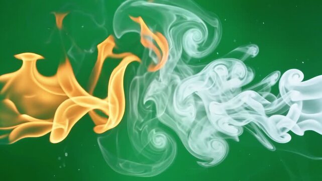 Orange flames and white smoke swirling together on a green chroma key background with video animated fire