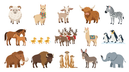 Fototapeta premium Cute Farm Animals and Safari Creatures Collection - Flat Vector Illustrations
