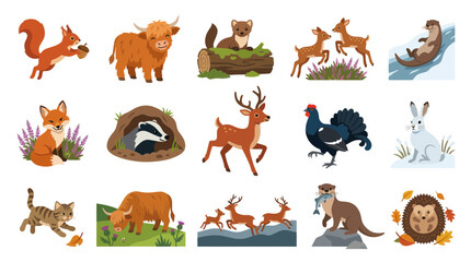Obraz premium Cute Woodland Animals Vector Illustration, Flat Design, Forest Wildlife Icons