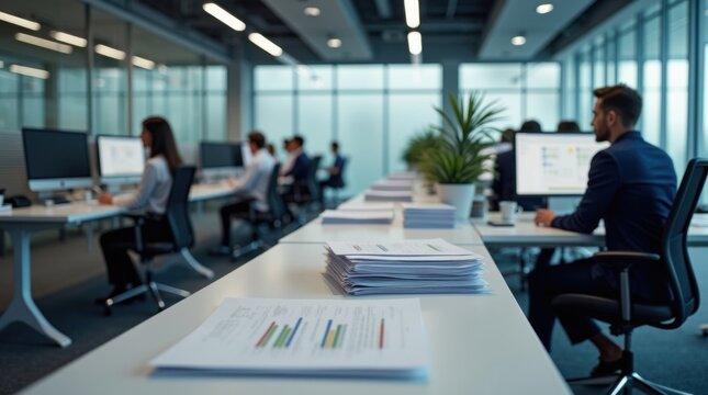 Oficina corporativa donde se escanean pilas de documentos en papel y se convierten en registros digitales organizados