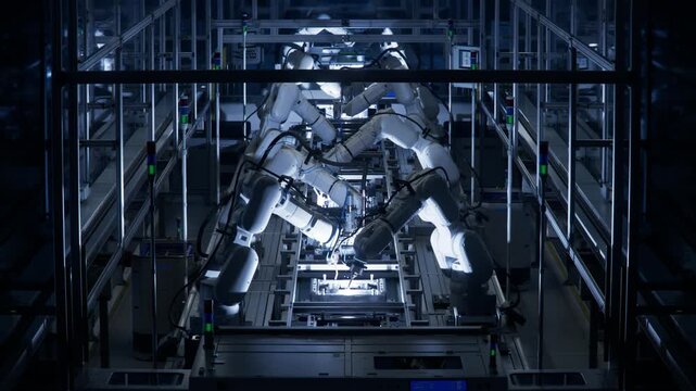 3D Animation: Automated Production Line with Robotic Arms on Dark Factory. Lights out Assembly Line with Autonomous Industrial Robot Arms. Welding and Manufacturing Automation.