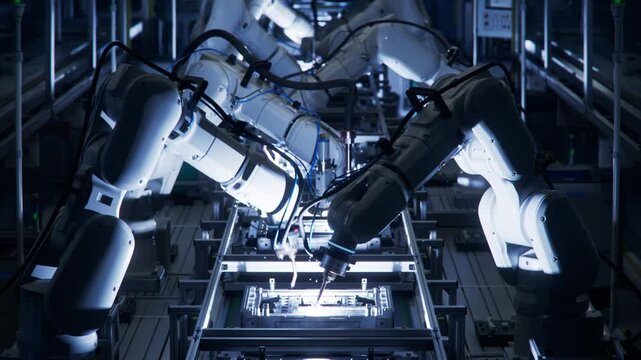 3D Animation: Lights out Assembly Line with Autonomous Industrial Robot Arms. Automated Production Line with Robotic Arms on Dark Factory. Welding and Manufacturing Automation.
