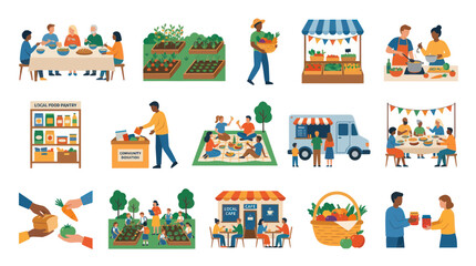 Naklejka premium Flat Design Vector Illustration of Community Food Systems. Local Gardens, Markets, Pantries Sharing Concepts