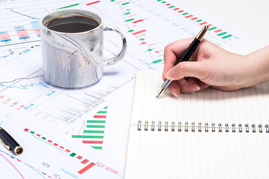 Hand Writing Notes on Stock Market Charts with Coffee Mug