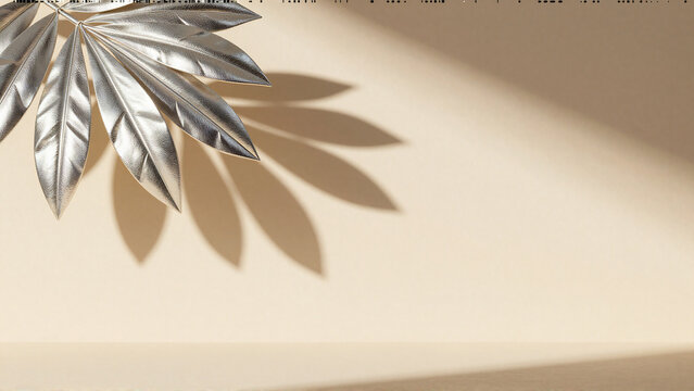 Elegant silver leaf and shadow on warm beige minimalist background